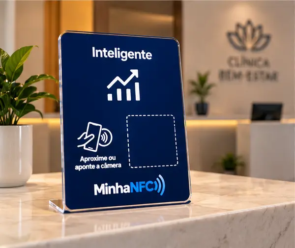Plaquinha Inteligente azul-escura na recepção de uma clínica